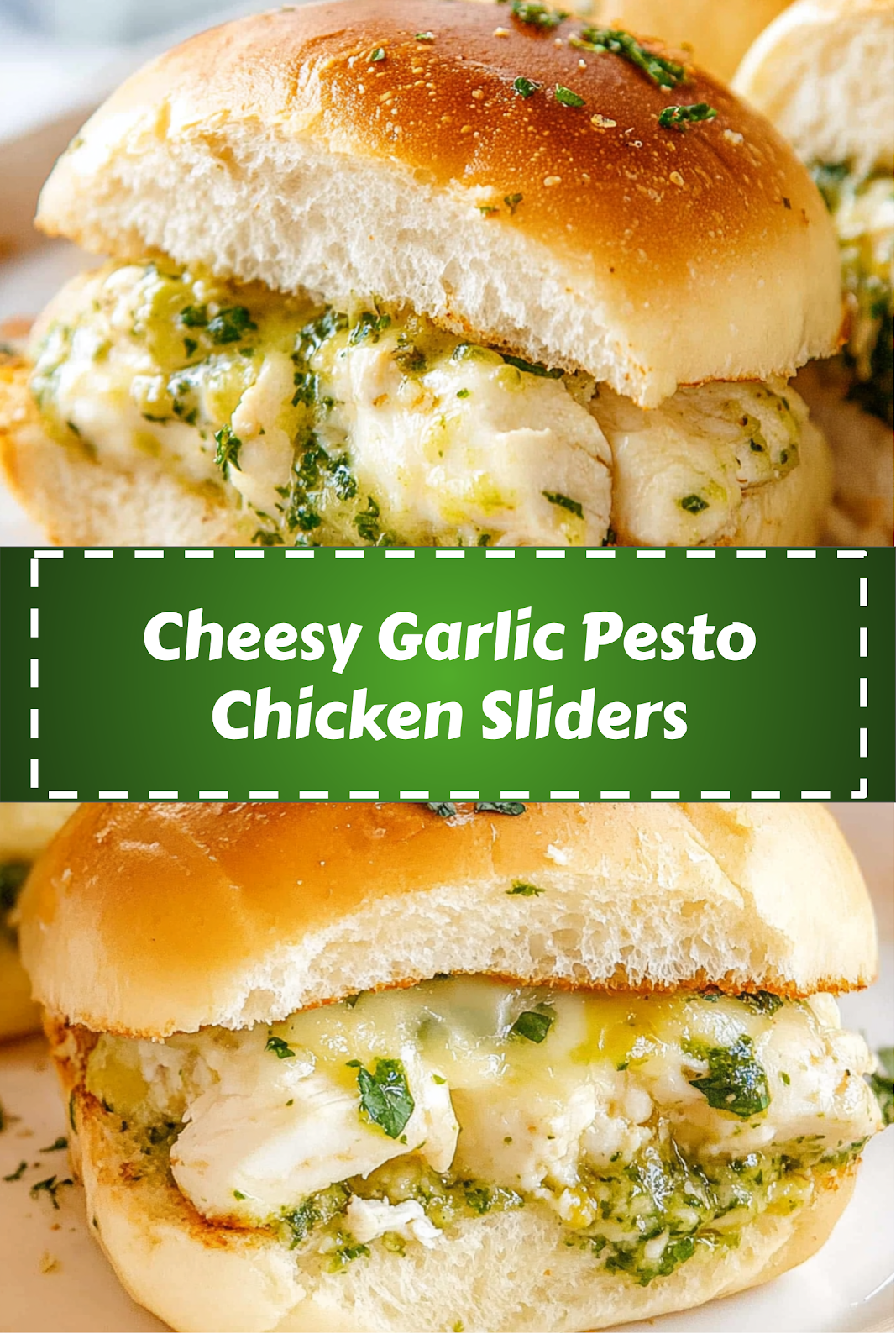 Easy and delicious homemade Cheesy Garlic Pesto Chicken Sliders recipe ready to enjoy