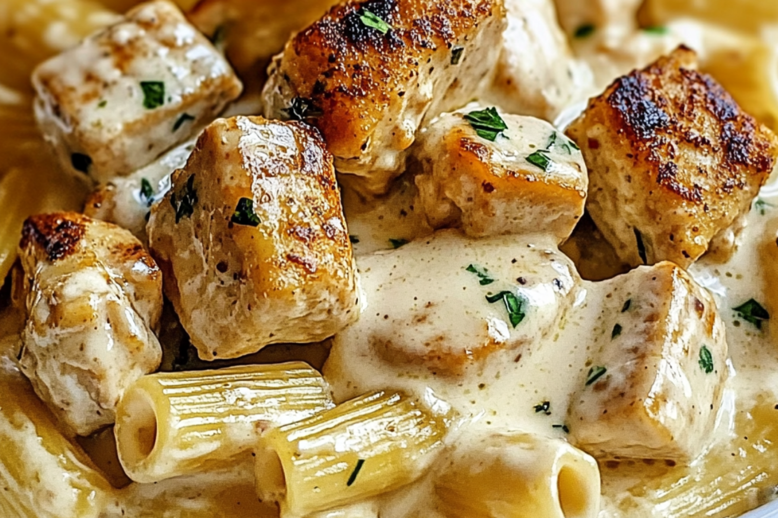 Creamy Garlic Butter Chicken and Rigatoni in Parmesan Sauce