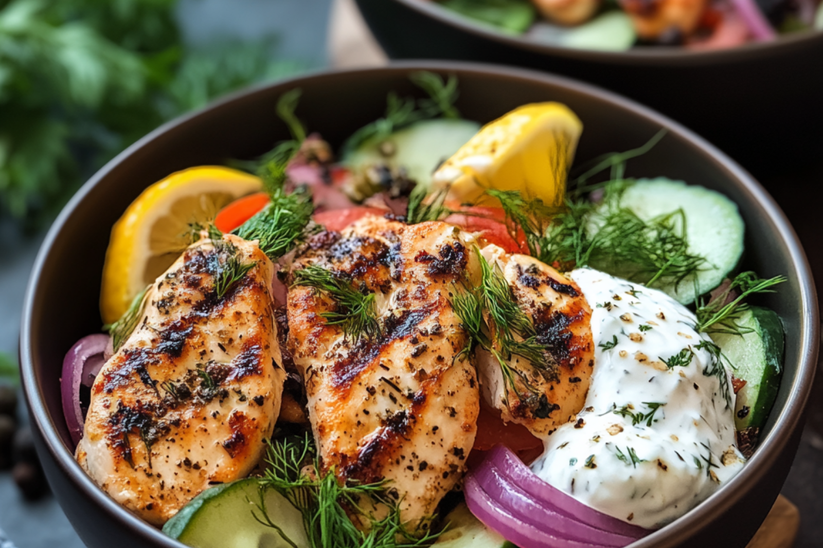 Greek Chicken Bowls with Lemon-Dill Yogurt Sauce