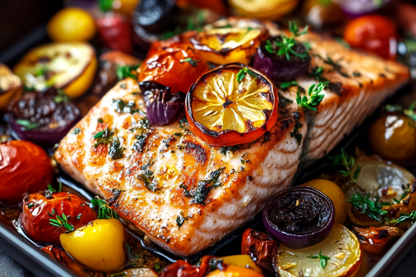 One-Pan Roasted Salmon with Mediterranean Vegetables