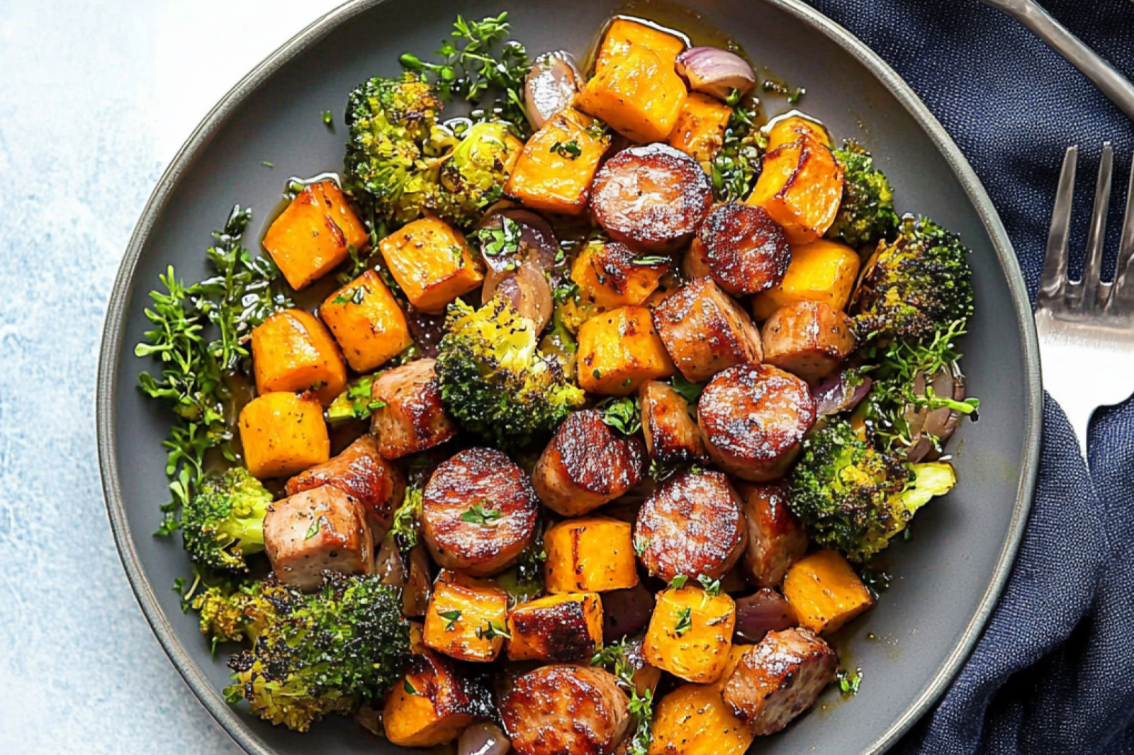 Sheet Pan Sausage and Sweet Potatoes with Honey Garlic Sauce